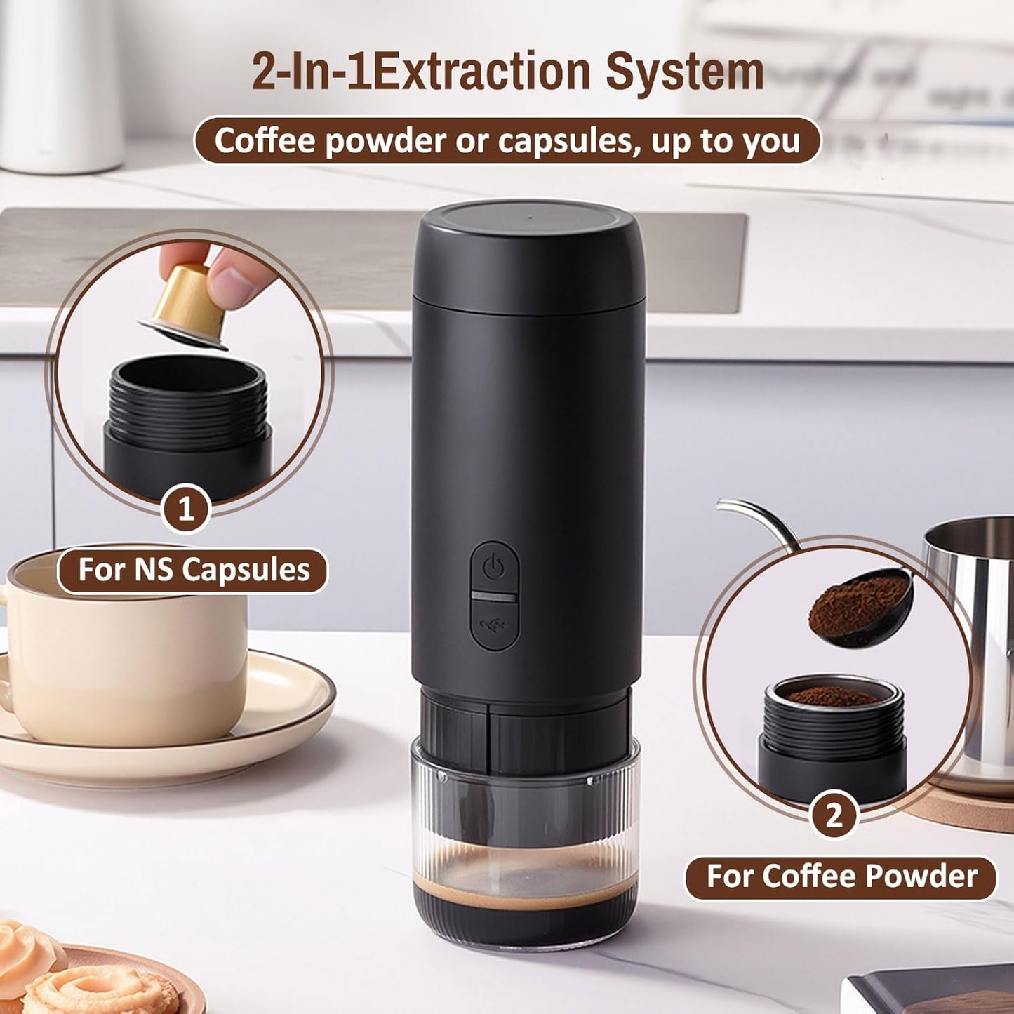 Portable Coffee Maker Espresso Machine, Suitable for coffee powder, capsule coffee, convenient for RV camping, hiking, picnicking, office and home use
