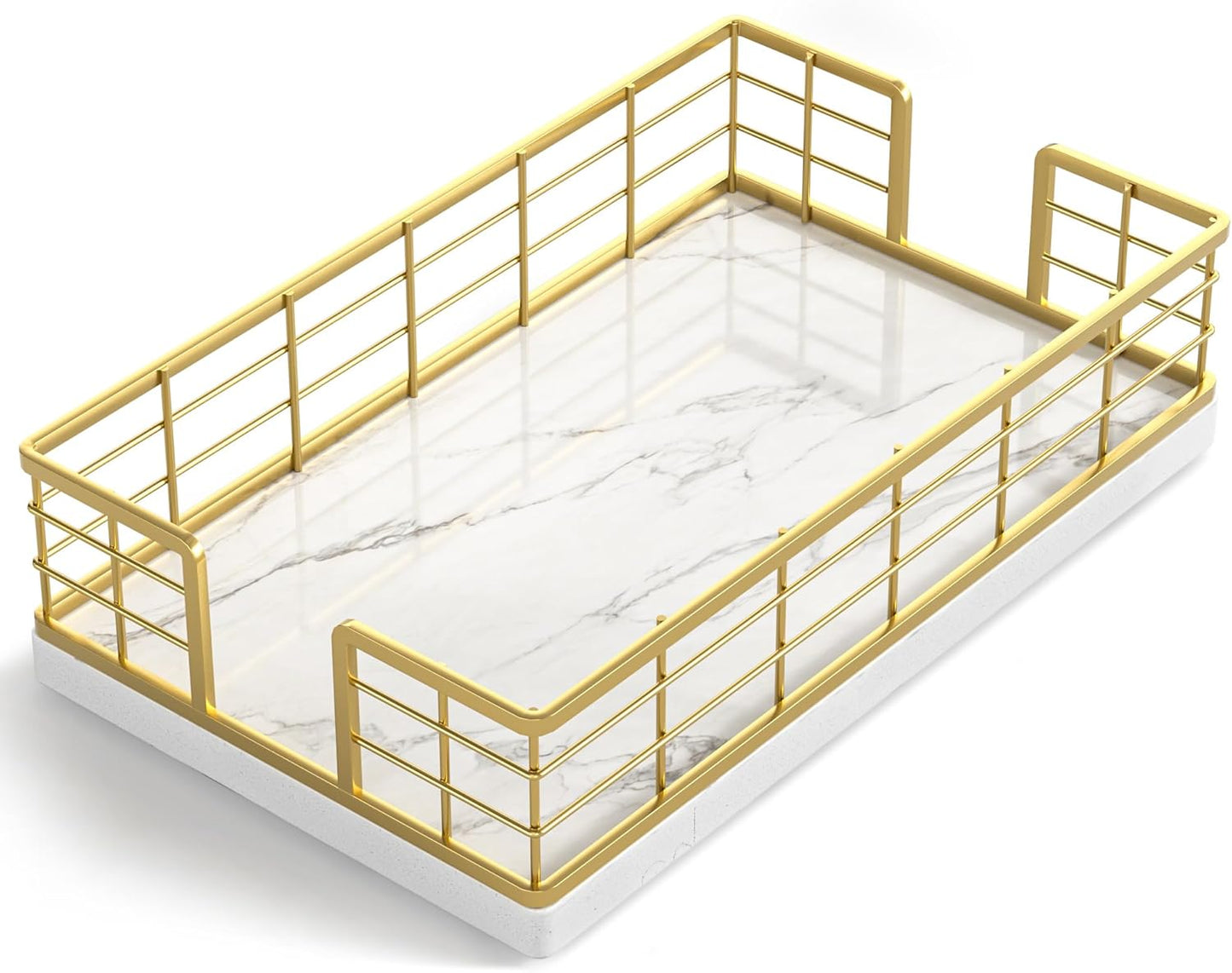 Wican Marble Guest Towel Holder Tray for Bathroom, Napkins Holder for Powder Room Dinning Table Wooden Basket for Disposable Paper Hand Towels Gold and Marble White