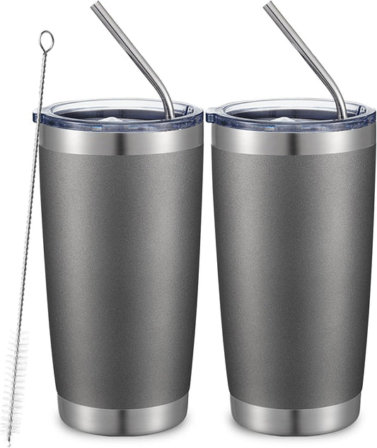 COMOOO 20oz Double Wall Vacuum Insulated Travel Mug, Stainless Steel Tumbler with Lid and Straw Durable Powder Coated Insulated Coffee Cup for Cold & Hot Drinks (Grey. 2 pack