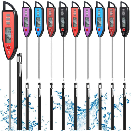 10 Set Waterproof Food Thermometer for Water, Liquid, Candle and Cooking Digital Meat Thermometer with Long Probe Instant Read for Kitchen BBQ Grill Candy (Black)