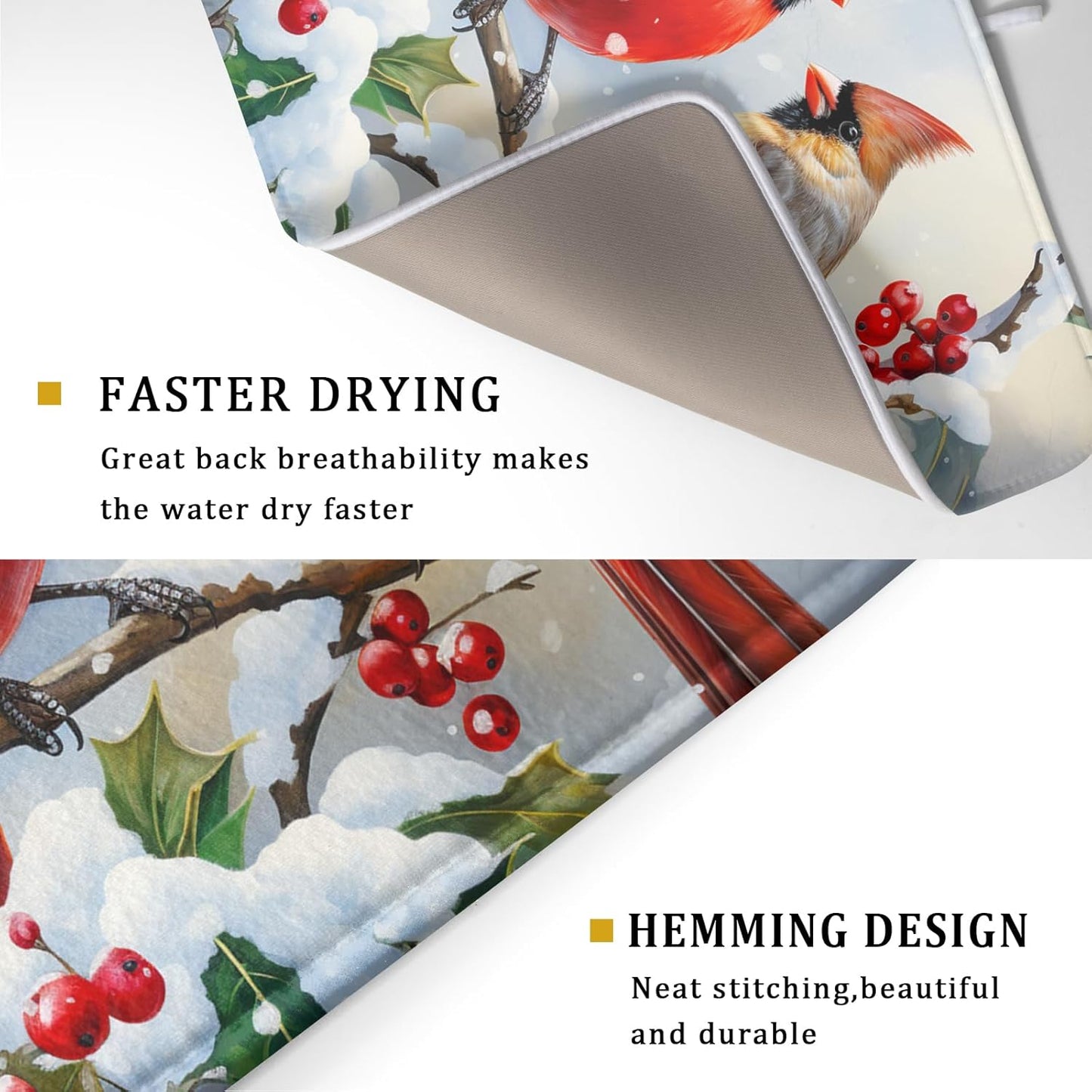 Winter Cardinal Birds Dish Drying Mat, Holly Berry Branches Dish Drying Mat for Kitchen Counter, Red Birds Absorbent Fast Dry Dish Drainer Mat Protector Xmas Microfiber Dish Drying Pad 16x18 Inch