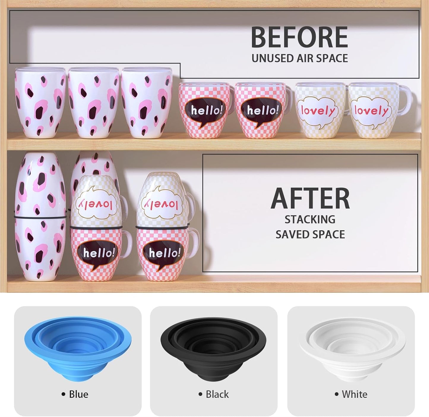 Mug Stacker & Storage Organizer – Expandable, Stackable Cup Holder for Kitchen Cabinet or Pantry – Space-Saving Solution for Tea Cups & Coffee Mugs (6Pcs Black)