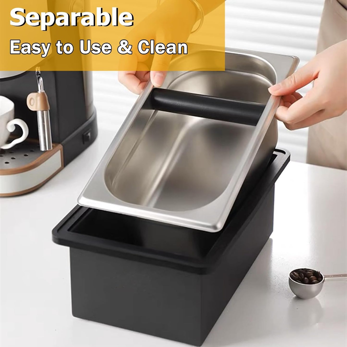 Espresso Coffee Knock Box, Large Size Stainless Steel Coffee Pucks Container, with Noise Reduction Rubber Ring,Silicone Bar for Knocking Portafilter Filter Grinds