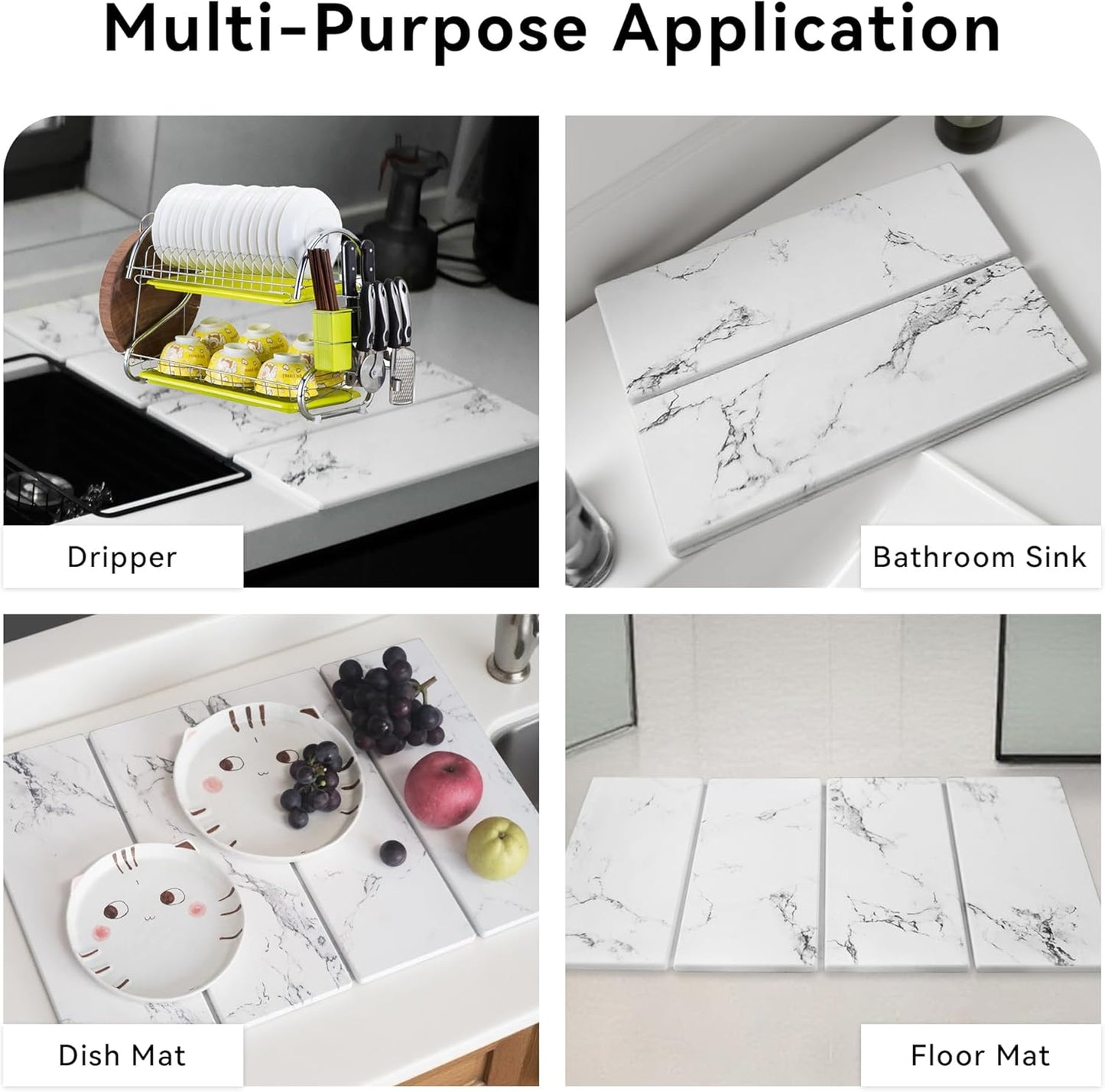 Stone Dish Drying Mat for Kitchen Counter, 24" x 16" Diatomaceous Earth Drying Mat, Foldable Stone Drying Mat, Super Absorbent Fast Dry Stone Mat, Drying Board Diatomaceous for Kitchen, Marble White