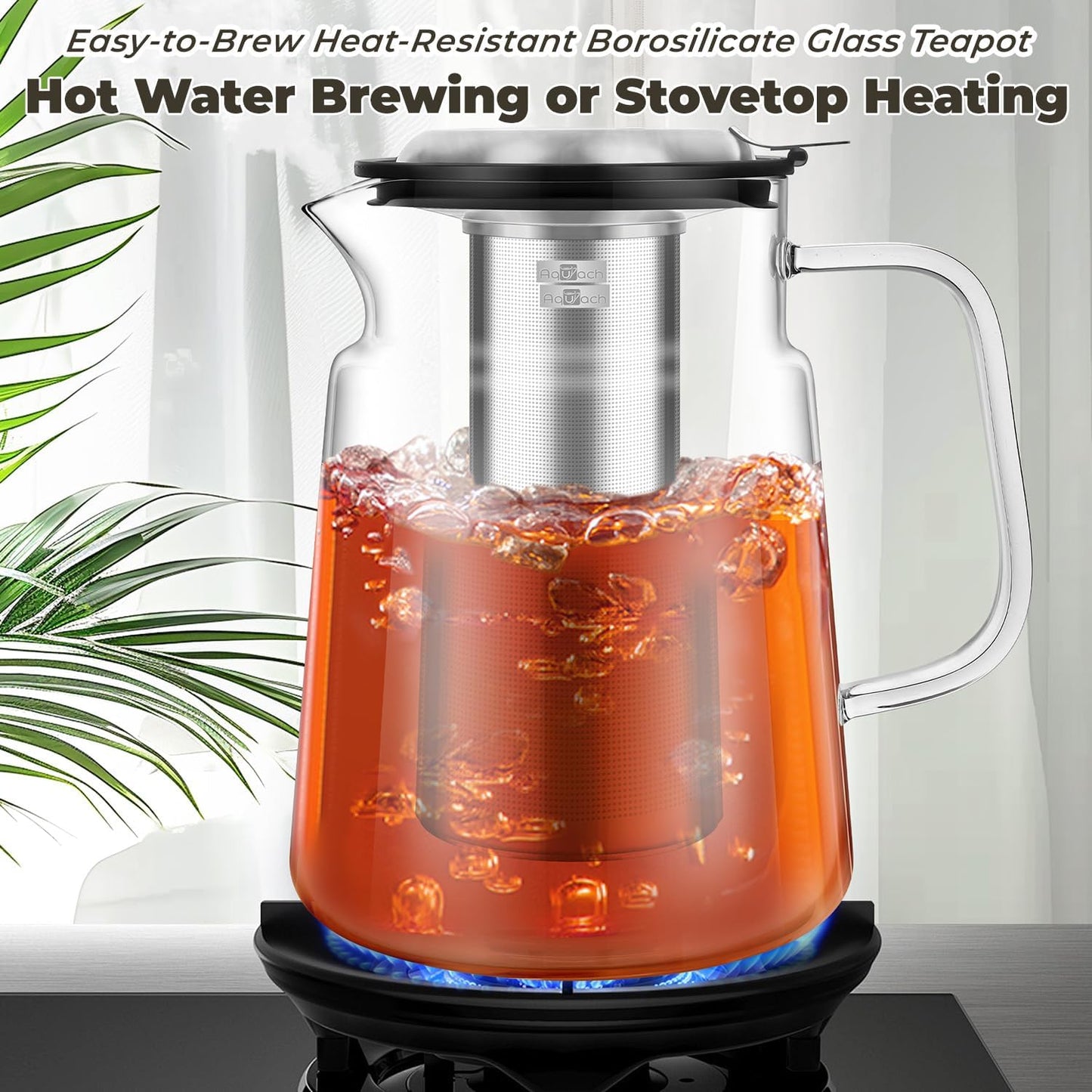 Aquach Glass Teapot with Removable Infuser - 74oz Borosilicate Tea Pot for Stovetop & Cold Brew, Stainless Steel Filter for Loose Leaf/Iced Tea