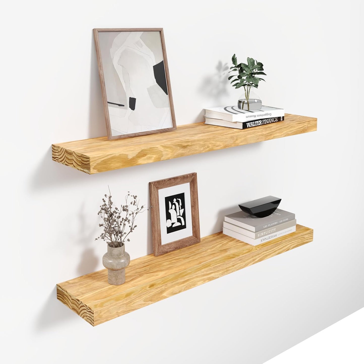 24'' Pine Wood Floating Shelves for Wall- Set of 2 - Rustic Wall Mounted Wooden Shelf for Stylish Home Décor - Natural Color - 24x6.5x1.25 Inches, 2pcs
