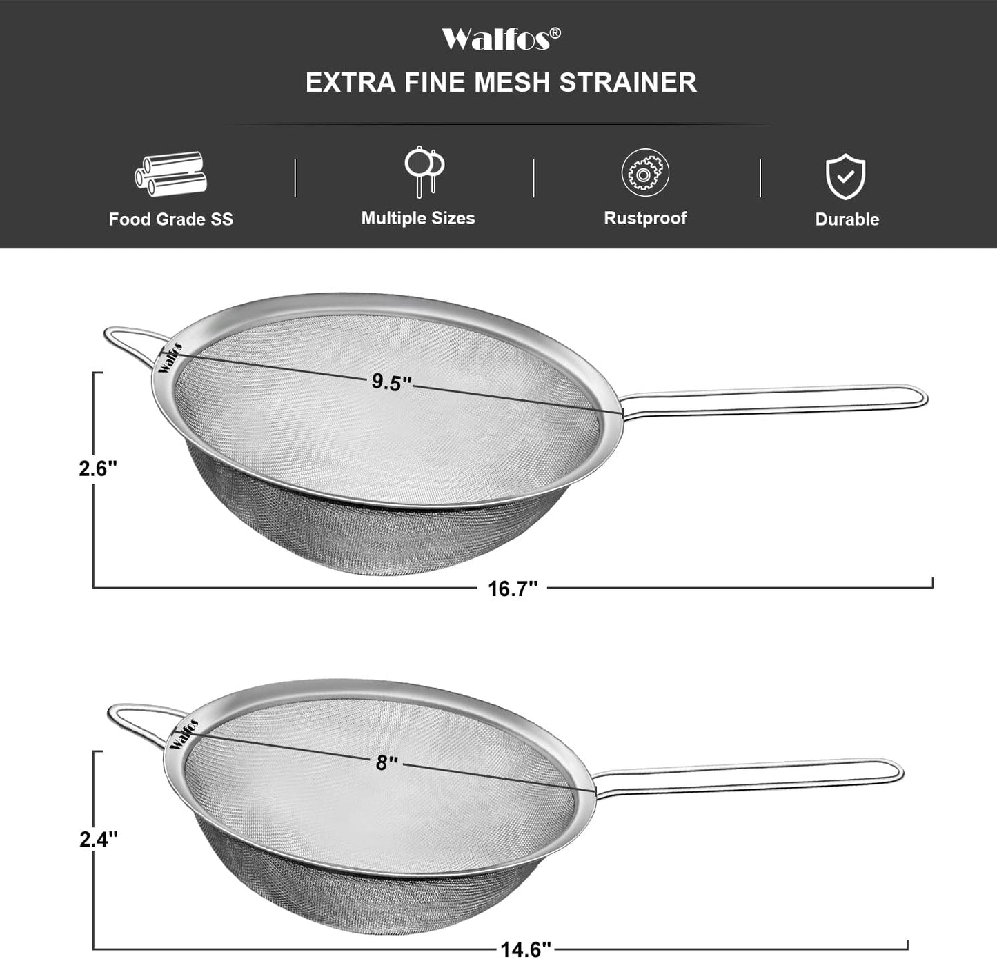 Walfos Large Fine Mesh Strainer 9.5" & 8", Stainless Steel Mesh Sieve with Sturdy Handle, Kitchen Metal Food Strainers for Quinoa, Rice, Pasta, Fruits, Vegetables, etc., Set of 2