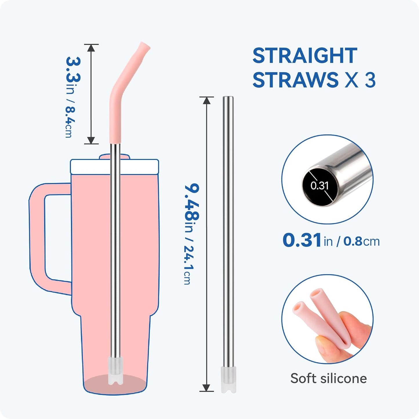 Reusable Metal Straws with Silicone Tip for Stanley 30oz,Stainless Steel Drinking Straws for 30oz Tumbler,3 Straight Tubes & 6 Tips& 1 Cleanr Brush (Jade)