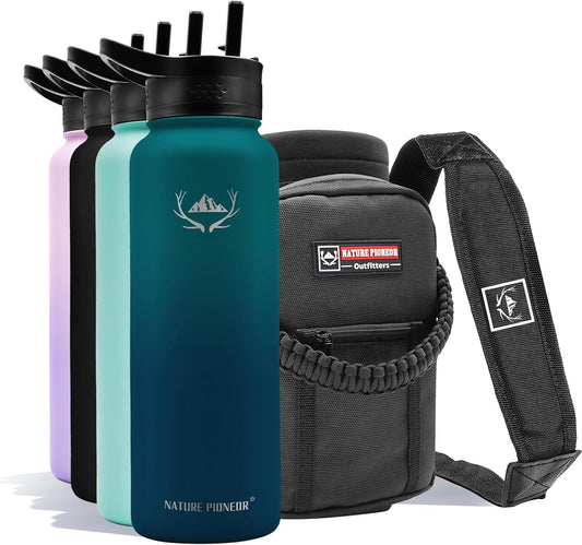 NATURE PIONEOR Insulated Water Bottles with Straw - 40oz Stainless Steel Vacuum Bottle with Holder/Carrier/Sleeve - Reusable 18/8 Food Grade 40 oz Water Jug