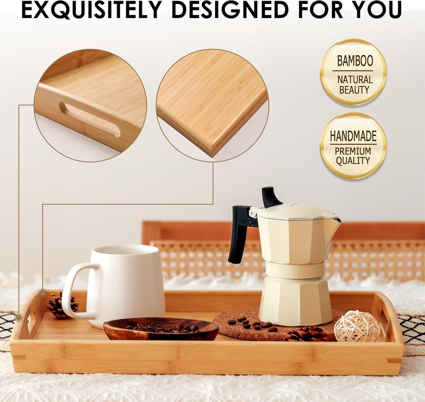 Joy&Grace Bamboo Serving Tray with Handles, Dinner Food Tray for Bed Breakfast Eating and Serving, for Coffee Table Ottoman TV, Decorative Wood Large Charcuterie Platter 16.8 x 12.5 inch 1 Pack