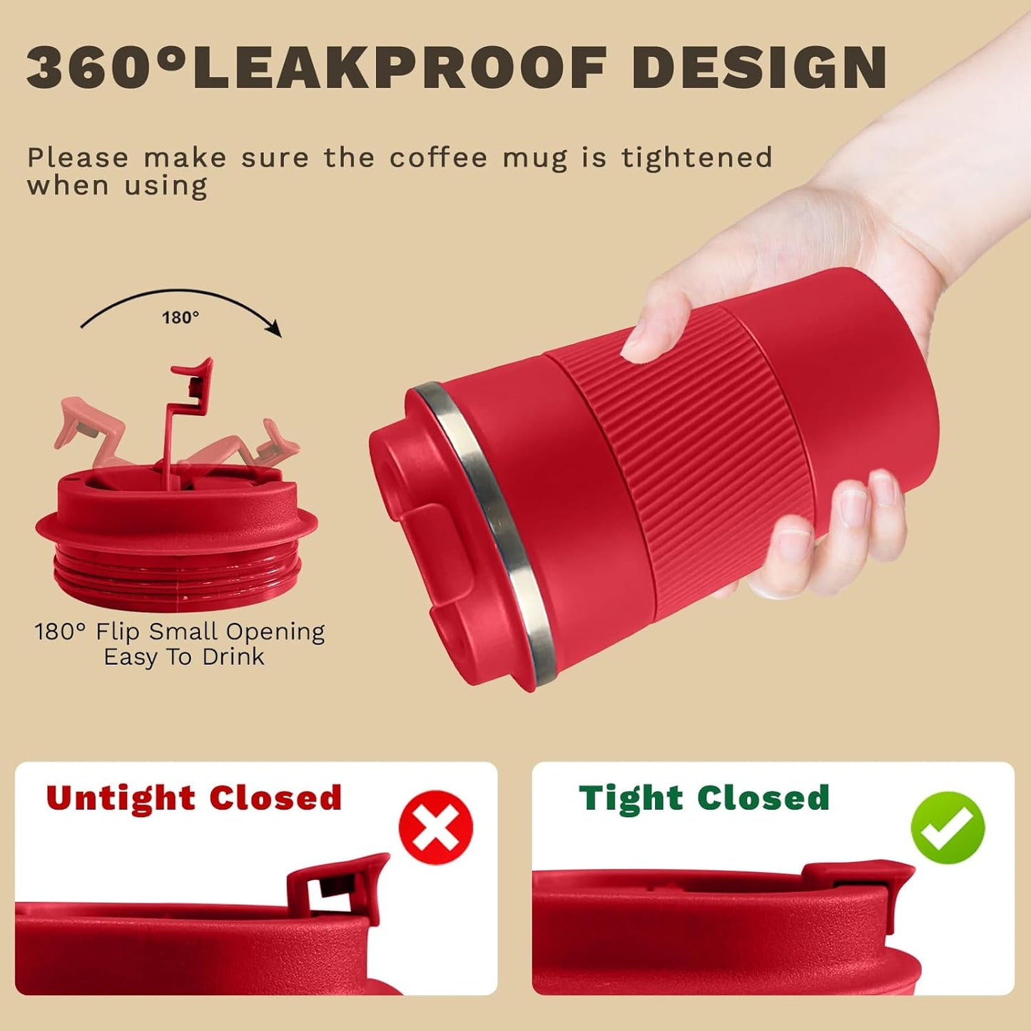 Vacuum-Insulated Stainless Steel Travel Coffee Mug, Leak-Proof Reusable Coffee Cup with Lid - Keep Hot & Cold Drinks for Hours, Durable Thermos Tumbler for Men & Women (3rd-Red, 12OZ)