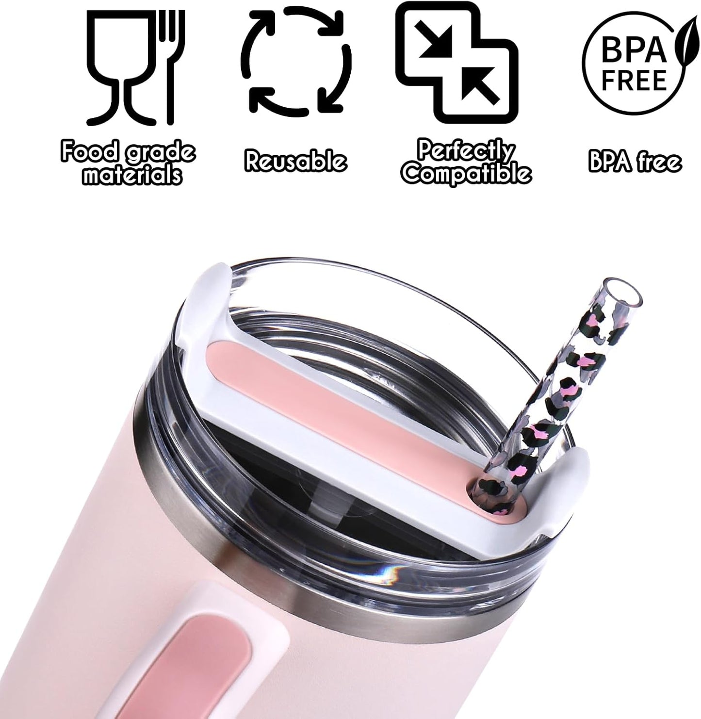 AIERSA 6 Pack Leopard Straw Replacement 40oz for Stanley,Plastic Reusable Straw for Stanley Adventure Quencher Travel Tumbler,Long Straws with Cleaning Brush for Stanley Cup Accessories