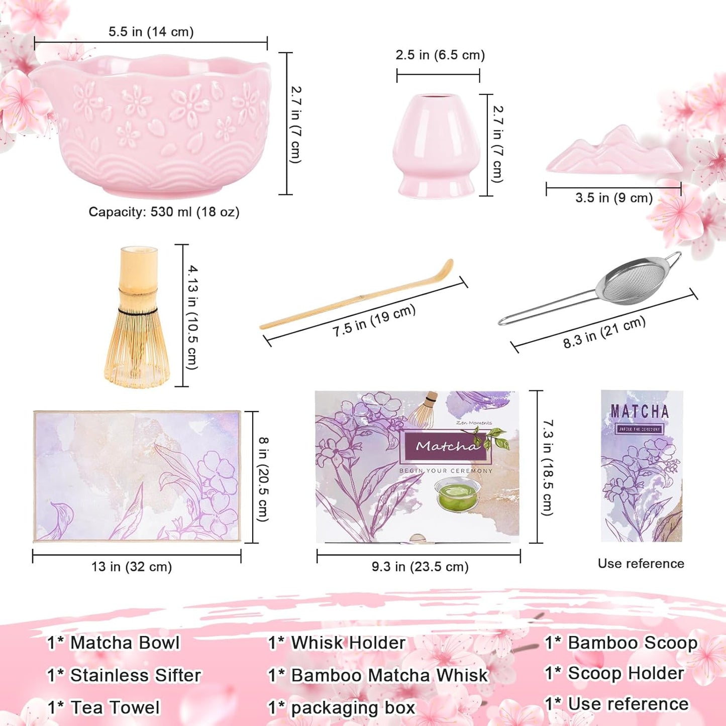 Matcha Whisk Set, Matcha Set 7 Pieces - Ceramic Matcha Bowl with Spout, Bamboo Chasen Whisk & Holder, Scoop, Sifter, Tea Towel - Complete Kit for Matcha Tea Ceremony, Latte, Ideal Gift（Pink）