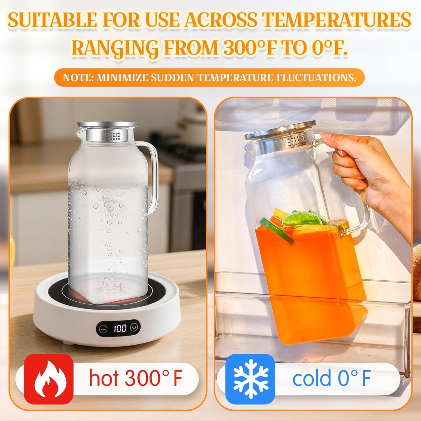 Nuogo 2 Pack 2 Liters/68 oz Square Glass Pitcher with Lid Spout Handle Water Pitcher Borosilicate Glass Carafe for Tea and Coffee Beverage Serveware Milk Water Juice Jug for Hot/Cold Drinks with Brush