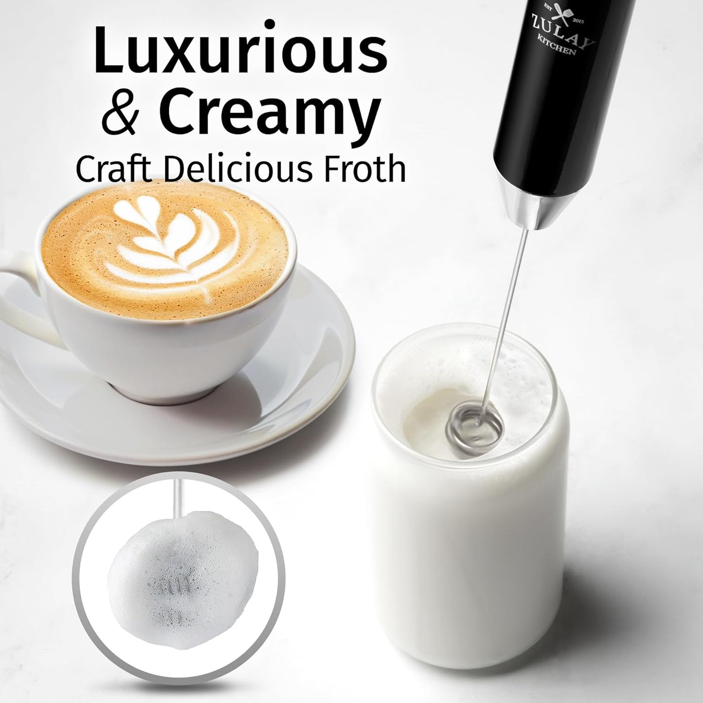 Zulay Kitchen Lux Rechargeable Milk Frother Handheld - Powerful 2-Speed Motor, Fully Waterproof, 2000mAh Battery - Drink Mixer For Latte, Cappuccino, Matcha, Protein Powder - Black