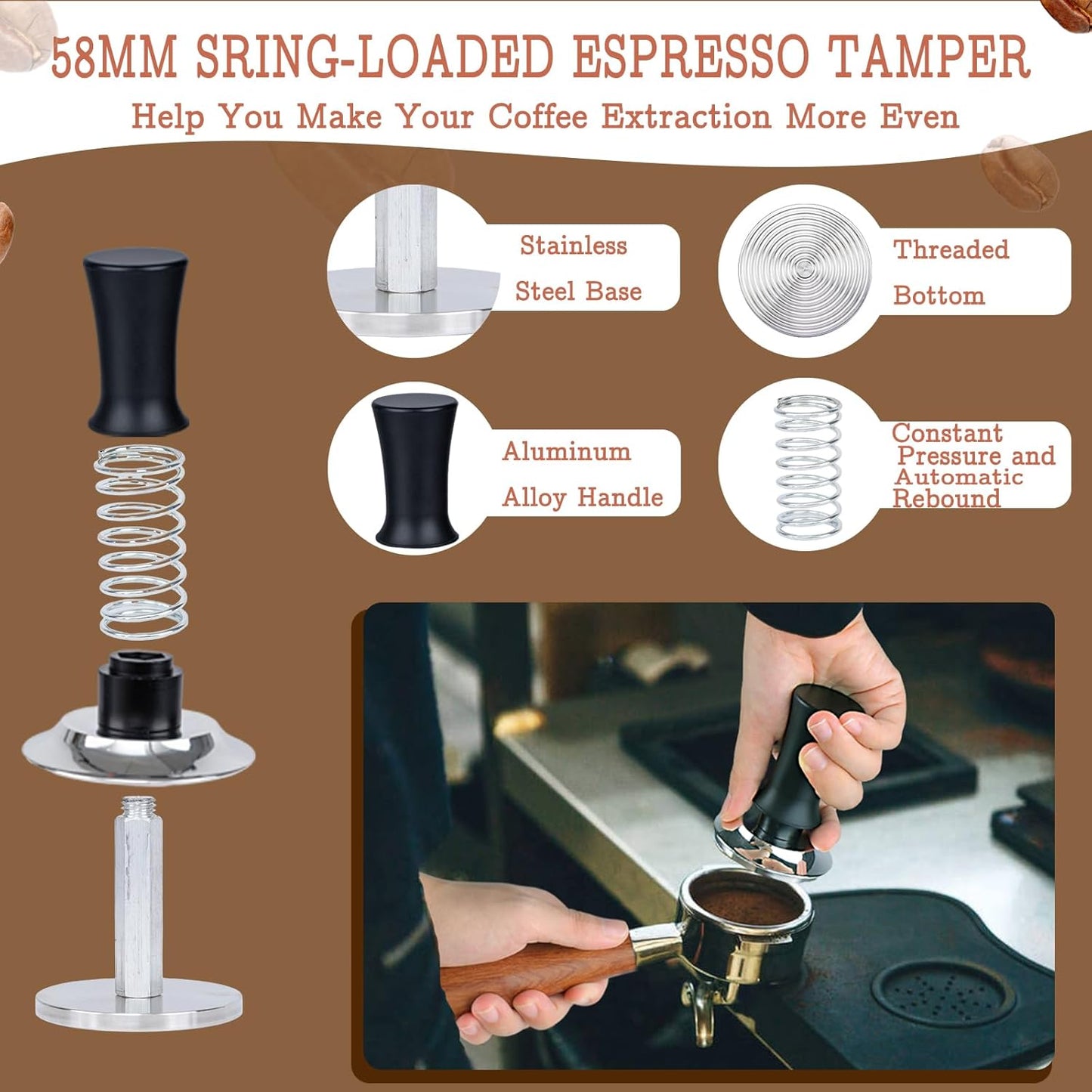 58mm Espresso Tamper Set - Spring-loaded Coffee Tamper, Adjustable Depth Espresso Distributor Leveler, Magnetic Dosing Funnel Aluminum Metal, Reusable Puck Screen, Fit for 58mm Portafilters