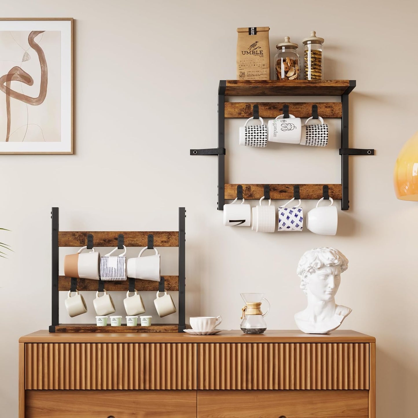 Homeiju 14-Hook Large Coffee Mug Holder for Countertop/Wall Mounted,4 Tier Coffee Cup Holder with Top & Bottom Storage Shelf,Adjustable Hook & Shelves,Mug Tree for Home Bar,Coffee Station