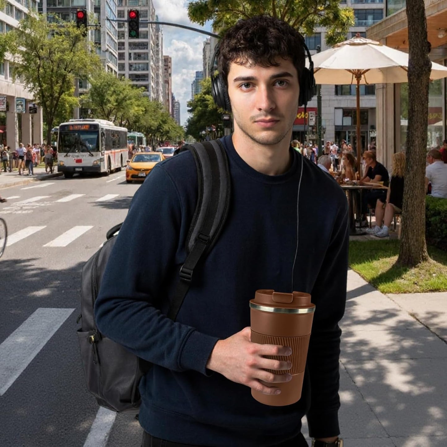 YINBAOGE Insulated Travel Coffee Mug Spill Proof Leak Proof Pobtable To Go Camping Stainless Steel Coffee Tumbler Reusable Coffee Cups with Lids Thermos for Hot and Cold Drink (Brown, 12 OZ)