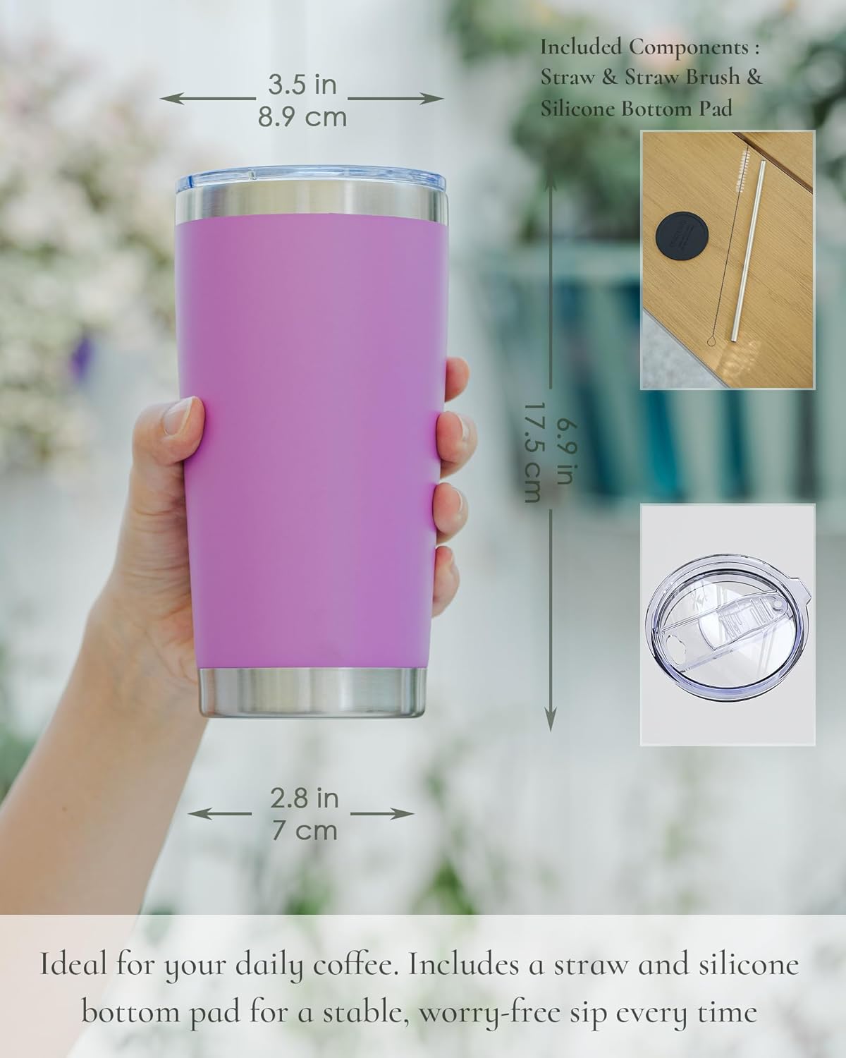 Travel Coffee Tumbler 20oz, 12 Pack Leakproof Travel Coffee Mug with Lid and Straw, Stainless Steel Double Wall Vacuum Insulated Tumbler for Hot/Iced Drinks (Textured Matte, Lilac Pink)