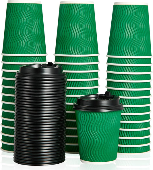 100 Count 8 OZ Coffee Cups with Lids, Insulated Ripple Wall Paper Hot Coffee Cups for Hot Drinks