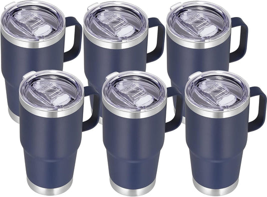 VEGOND 20 oz Tumbler Bulk with Handle Lid and Straw, Stainless Steel Insulated Travel Coffee Mug Set, Spill Proof Double Wall Metal Tumblers Cups, Navy Blue 6 Pack
