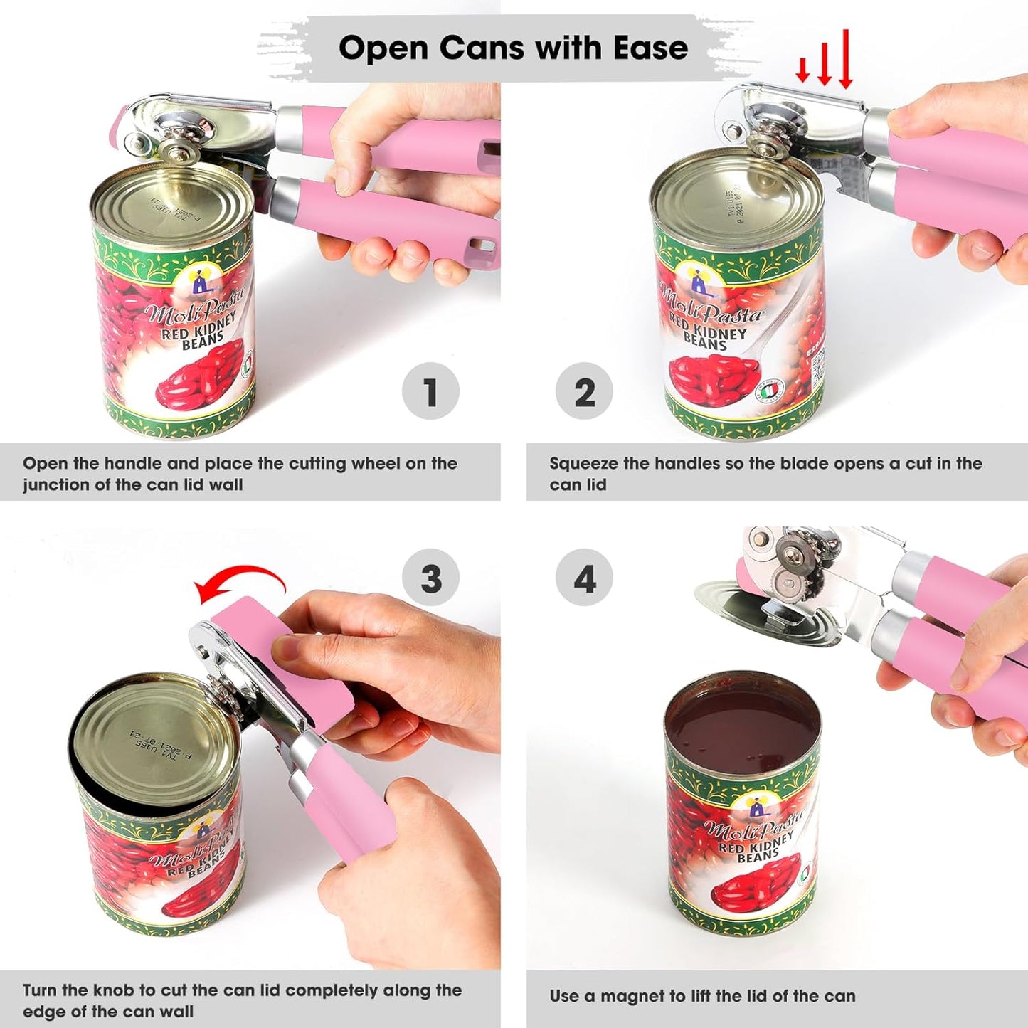 Beneno Can Opener Manual with Magnet, Hand Held Heavy Duty Can Opener with Durable Sharp Blade Smooth Edge, Big Effort-Saving Knob, Soft Grip Rubber Handle, Multifunctional Bottle Opener, Pink