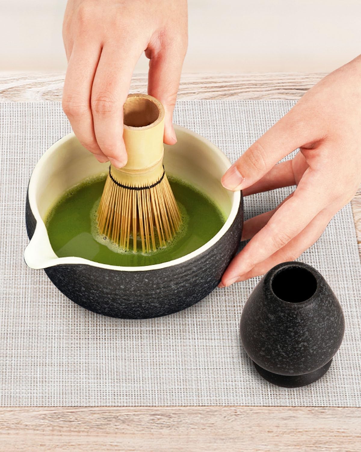 Matcha Bowl with Spout, Ceramic Matcha Bowl and Whisk Holder Set, Matcha Mixing Bowl for Whisking Matcha, Charcoal Grey (18 Ounce)
