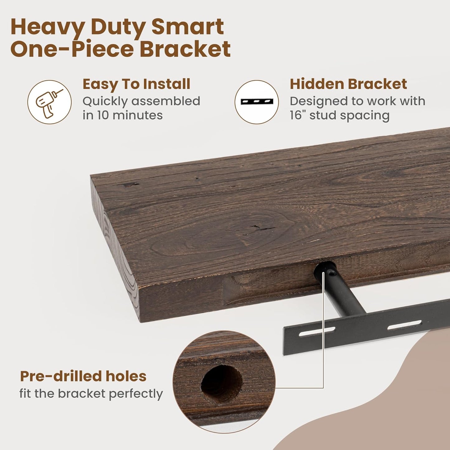 Floating Shelves for Wall Decor, 8 Inch Deep Rustic Solid Elm Wood Floating Shelves Wall Mounted, Wall Shelves with Invisible Bracket for Living Room Bathroom Bedroom Kitchen, 72 Inch Set of 1, Walnut