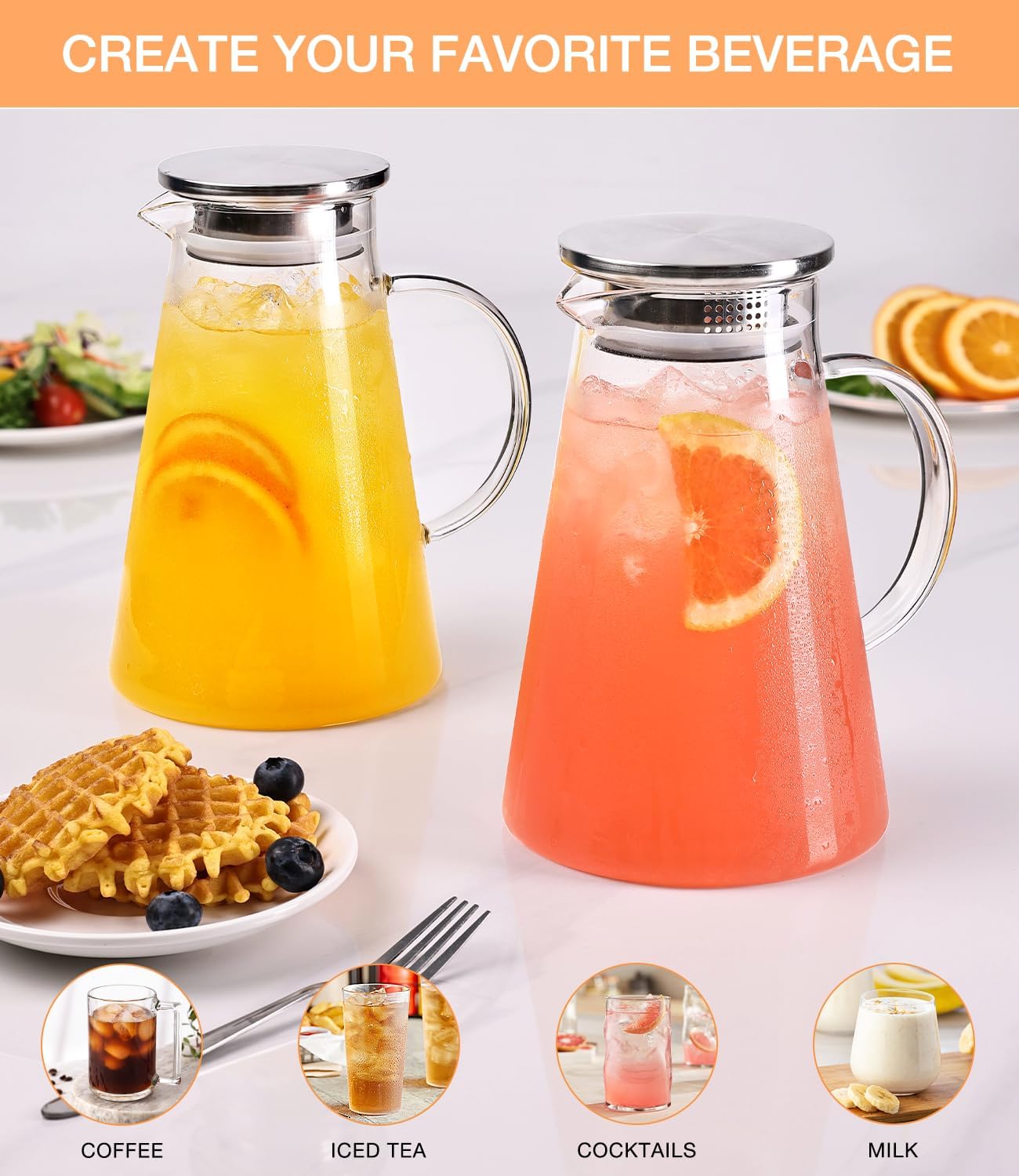 Glass Pitcher with Lid and Handle, 2 Liter 68oz Water Pitcher with Spout for Fridge, Borosilicate Glass Jug for Hot/Cold Drink, Large Ice Tea Carafe for Juice, Coffee, Sangria, Beverage
