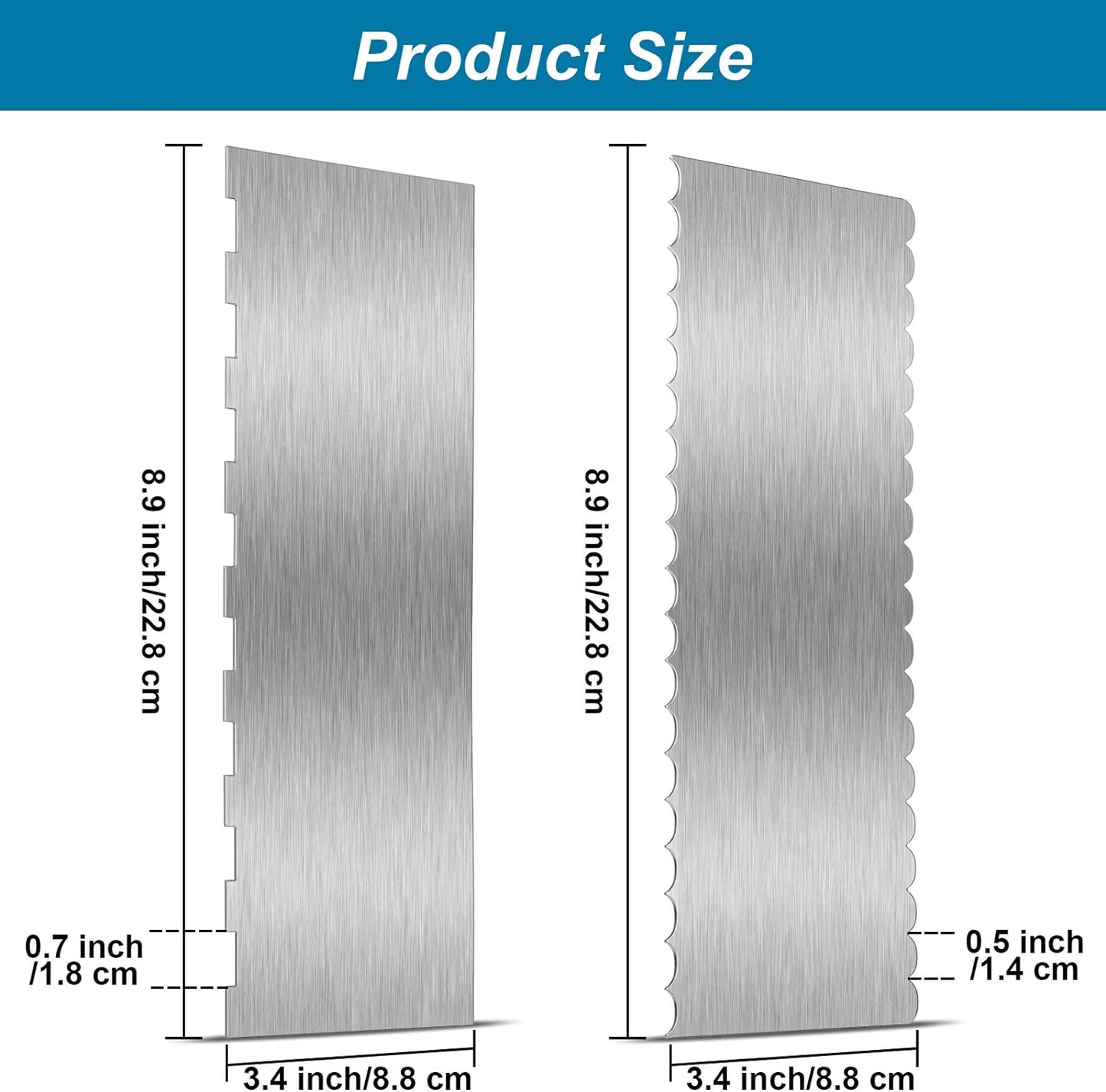 2 Pieces Stainless Steel Cake Scraper Large Double Sided Patterned Edge Stripe Edge Smoother Scraper Cake Decorating Comb Pastry Cutter for Mousse Butter Cream Decoration(9 x 3.4 Inches)