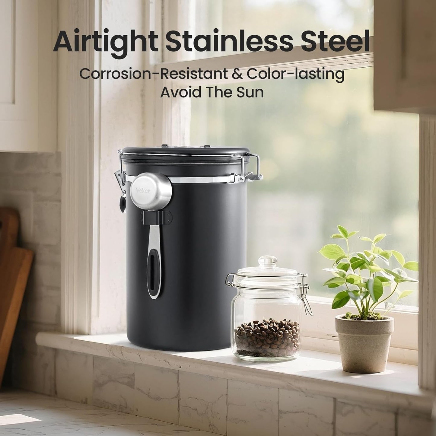 Veken Coffee Canister, 39OZ Large, Airtight Stainless Steel Food Storage Container for 2.2lbs Coffee Beans, Ground, Sugar, Tea, Flour, Rice, Cereal, Cookies Jars, Bar Accessories & Gifts, Black