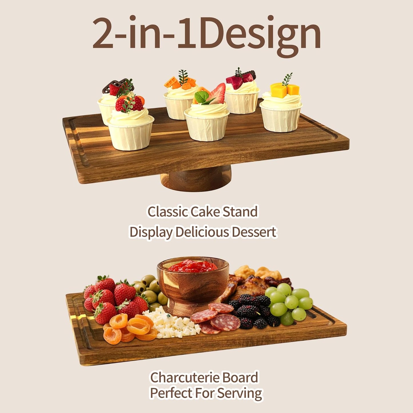 Wood-Rectangular-Cake-Stand with Acrylic Dome Lid, Wooden Cake Holder Plate with Cover, 2-in-1 Dessert Table Display Set for Party, Charcuterie Board for Cheese, Chips & Dips, Nachos, Fruit Platter