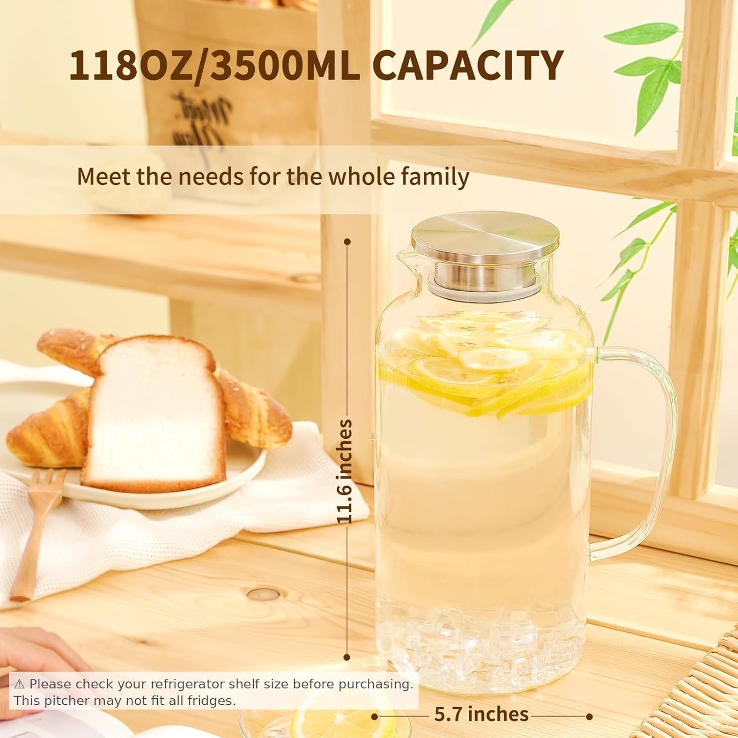 Glass Pitcher, 3.5L/118 oz Glass Water Pitcher with Lid and Spout, Heat/Cold Resistant Borosilicate Glass Water Carafe for Coffee, Juice and Homemade Beverage