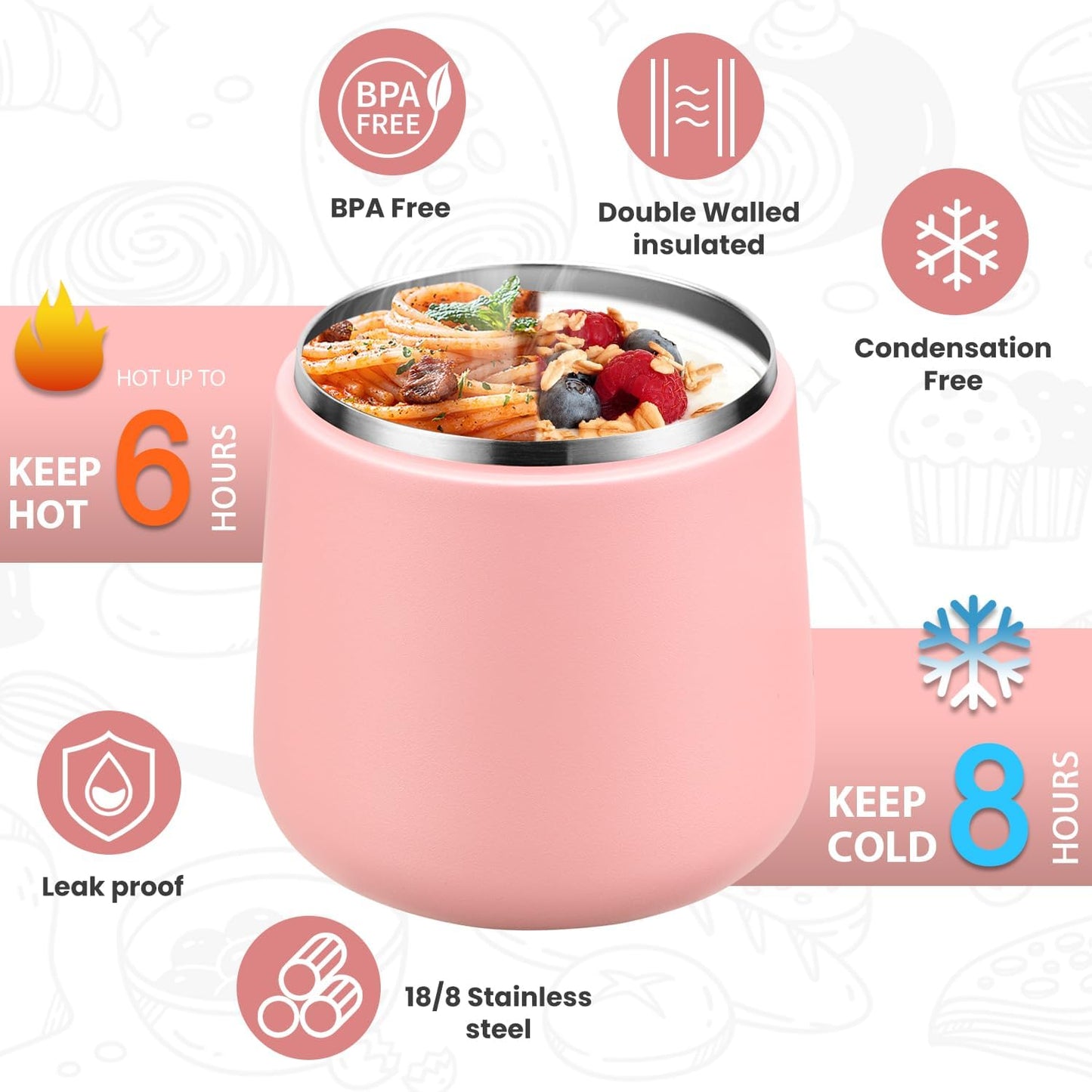 Soup Thermo for Hot Food 20oz Lunch Containers with Buckle Lid Wide Mouth Hot Food Jar Vacuum Insulated Stainless Steel Bento Box Leakproof with Spoon(Pink)