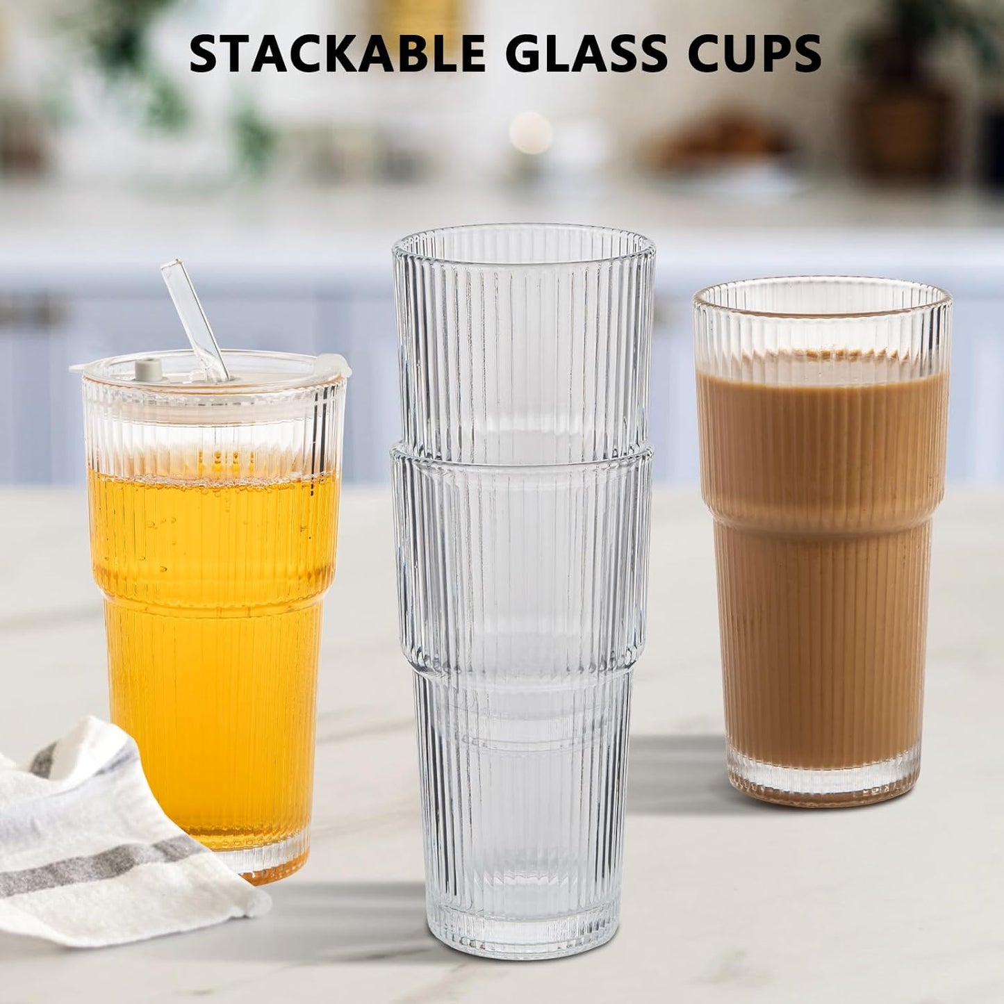 20oz Ribbed Glass Cups with Lids and Straws 2 Set, Vintage Glassware for Whiskey Cocktail Beer, Glass Tumbler, Iced Coffee Cups For Cold Drinks, Smoothie, Juice,Drinking (6)