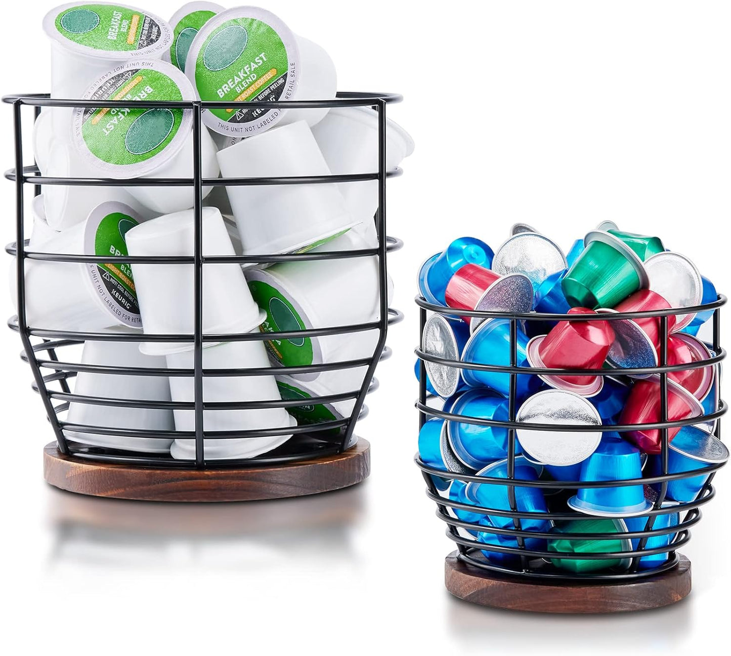 Yangbaga 2pcs Coffee Pod Holder - Large Capacity Black Wire K-Cup Holder With Wooden Base, Modern Basket Bar Decor for Station, Espresso Pods & Capsules, Fruit Snack Storage