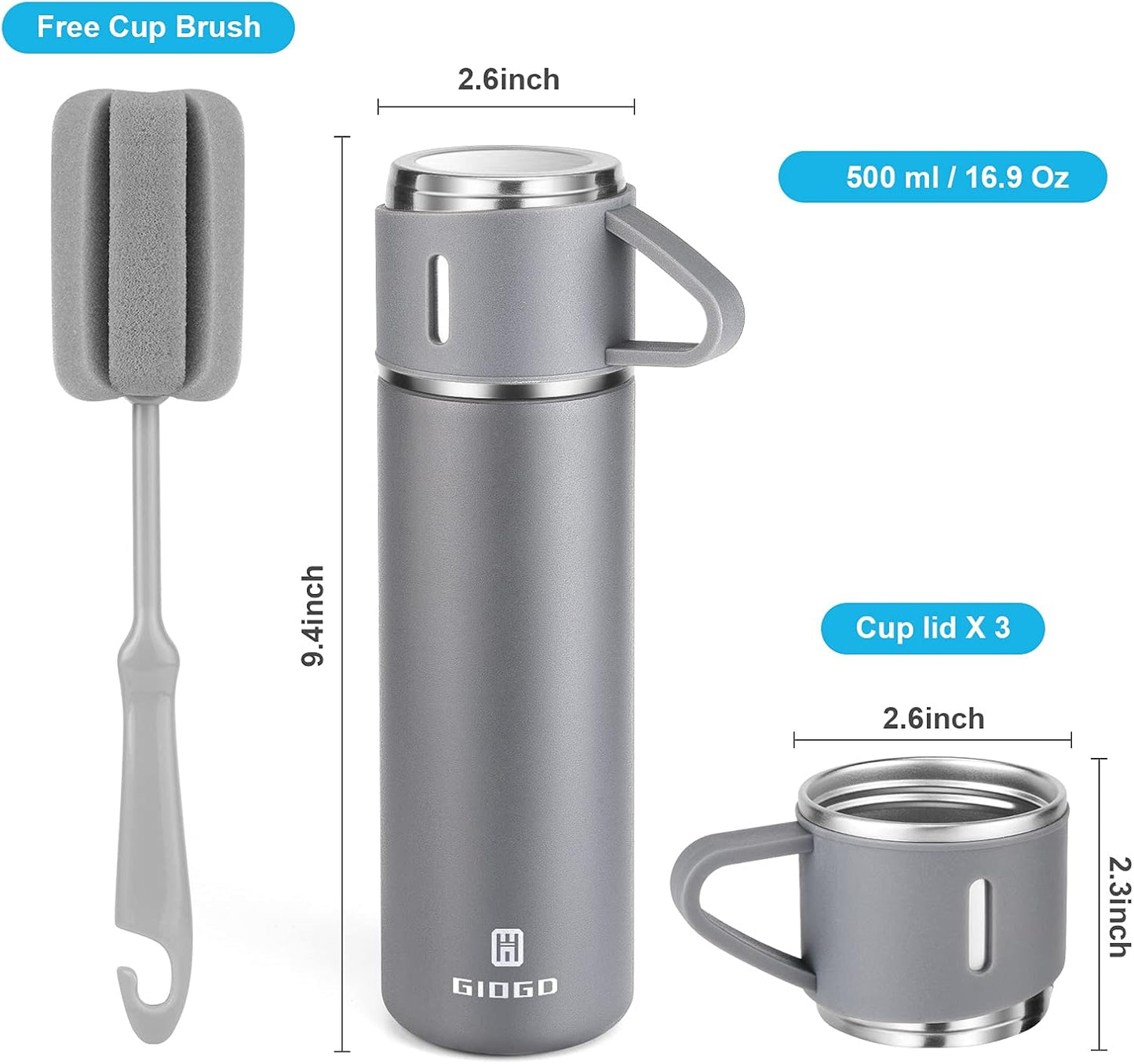 Stainless Steel Thermo 16.9oz Vacuum Insulated Bottle with Cup for Coffee Hot drink and Cold drink water flask.(Gray,Single)