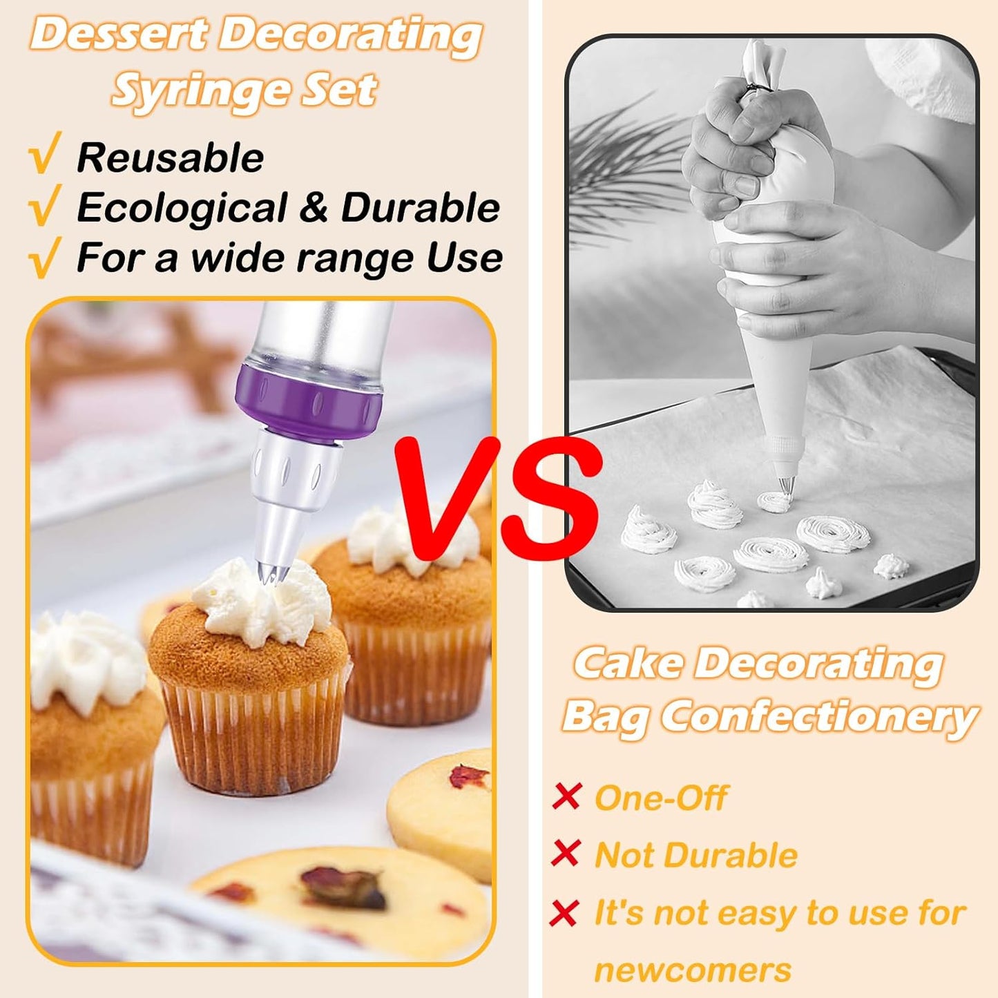 Dessert Decorating Syringe Set, Icing Piping Kit, Icing Dispenser Cupcake Filling Injector, Cake Decorating Kit with 5 Piping Tips Nozzles, Cupcake Decorating Kit