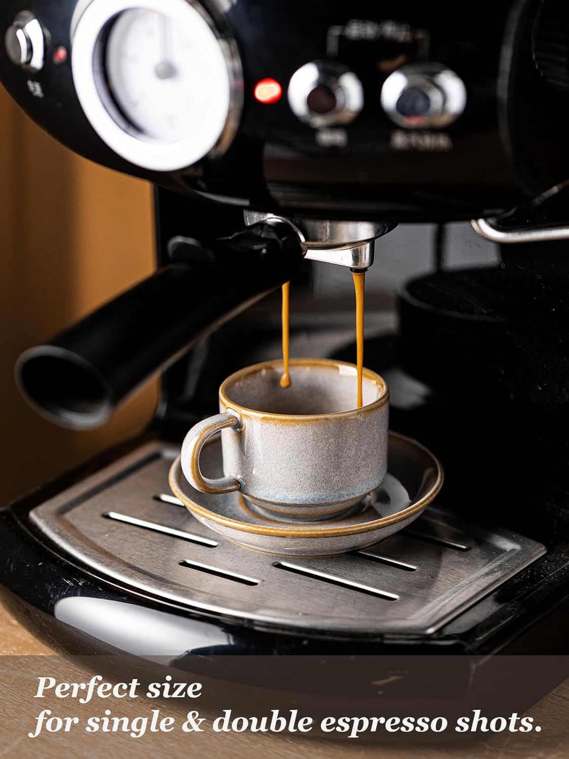 Gomakren 2.5 Ounce Espresso Cups Set of 4, Small Stackable Coffee Cups with Saucers and Metal Stand, Porcelain Demitasse Cups for Specialty Coffee Drinks, Espresso, Cappuccino, Latte, Tea, Gray