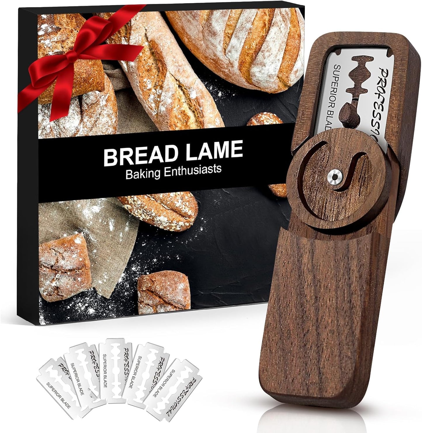 Elegant Magnetic Bread Lame Dough Scoring Tool,Lame Bread Tool with Turntable Design,Bread Scoring Knife for Bread Baking & Sourdough Baking,Bread Razor Tool with 5 Razor Blades-Black Walnut Wood