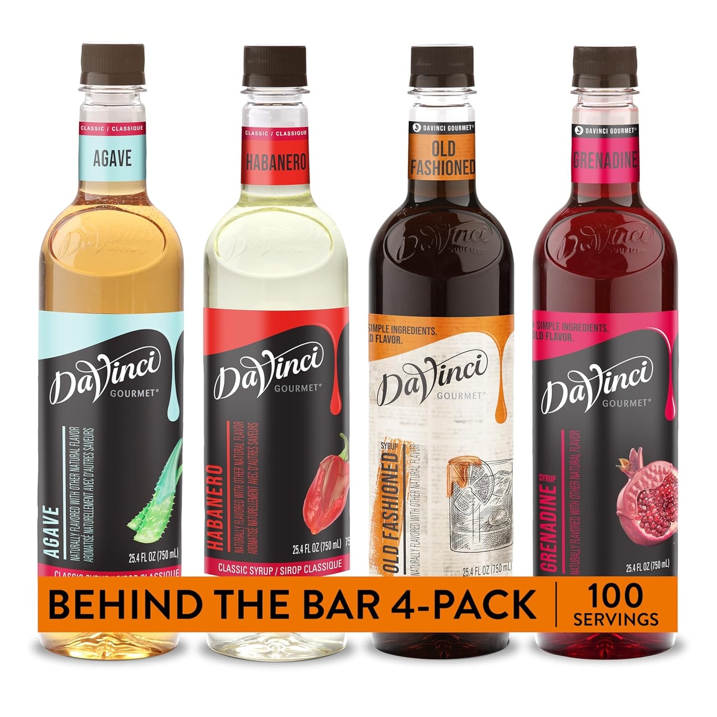 DaVinci Gourmet Classic Cocktail Mixer Bundle - Habanero, Agave, Old Fashioned, Grenadine - 25.4 Fl Oz (Pack of 4)
