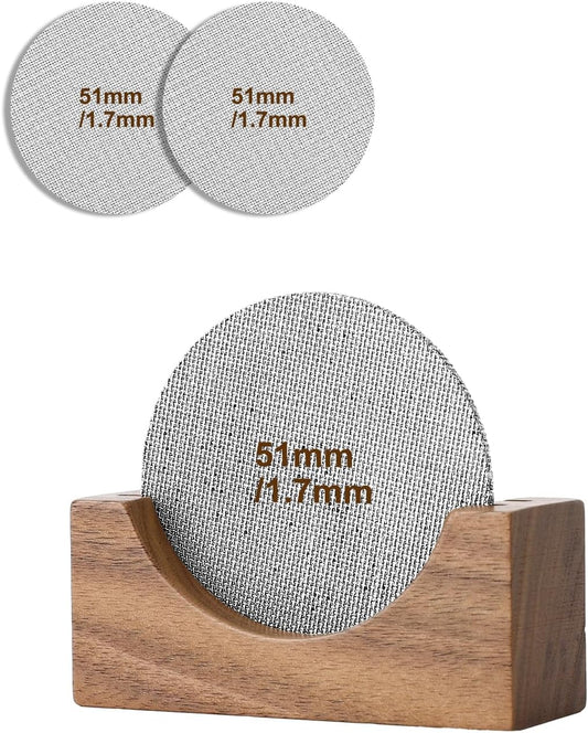 Espresso puck screen 51mm 2 Pack & Walnut Puck screen stand, 316 Stainless Steel Espresso Accessories, Professional Tool for Portafilter Filter Basket
