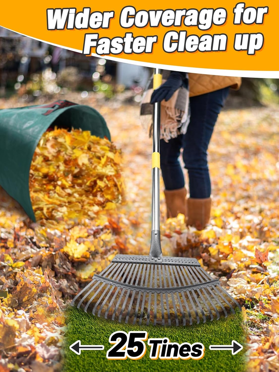 42" to 75" Adjustable Heavy-Duty Metal Leaf Rake with 25 Tines, Includes 40 Gal Reusable Dustpan-Type Lawn Bag
