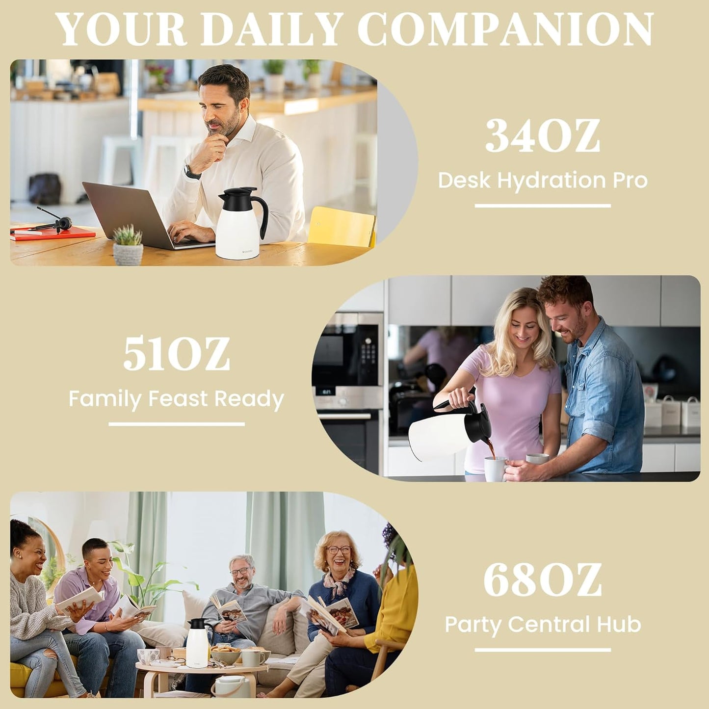 51 Oz Thermal Coffee Carafe, Stainless Steel Insulated Vacuum coffee crafts to keep coffee hot, 1.5 Liter Tea Water Coffee and Beverage Dispenser (Cream)