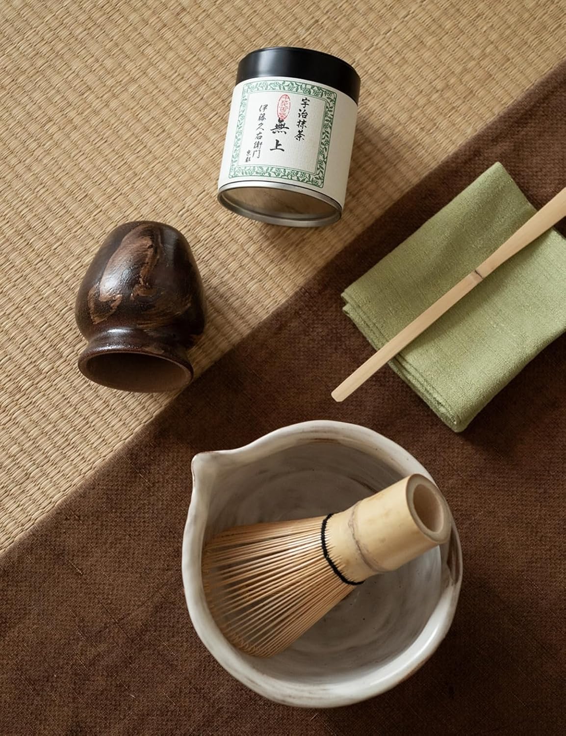 6-pcs Japanese Matcha Whisk Set with Handmade Wabi-Sabi Ceramic Bowl(Chawan),Bamboo Chasen, Whisk Holder, Scoop, Sifter & Tea Towel,Matcha Ceremony Kit,(Silent taupe)