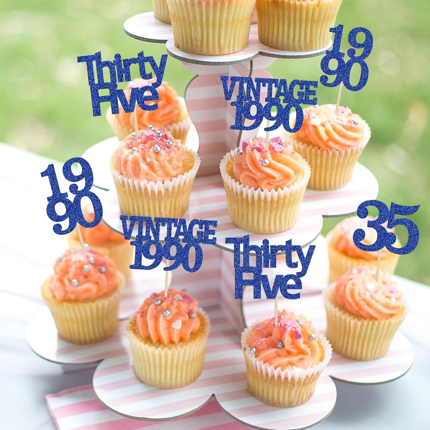 Gyufise 24Pcs Vintage 1990 Cupcake Toppers Glitter Cheers to 35 Fabulous Thirty Five Cupcake Picks 35th Birthday Wedding Anniversary Party Cake Decorations Supplies Deep Blue