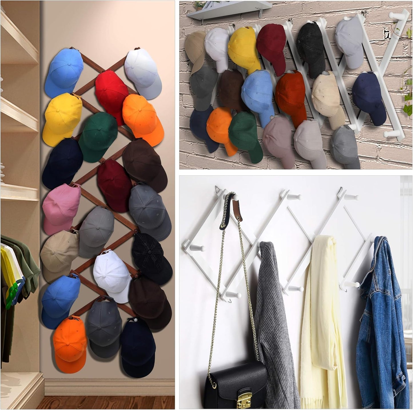 Dseap Accordian Wall Hanger: 16” High Wooden Wall Expandable Coat Rack, Hat Rack Holder, Accordion Hook for Baseball Caps, Coats, Mugs, 14 Peg Hooks, White & Black