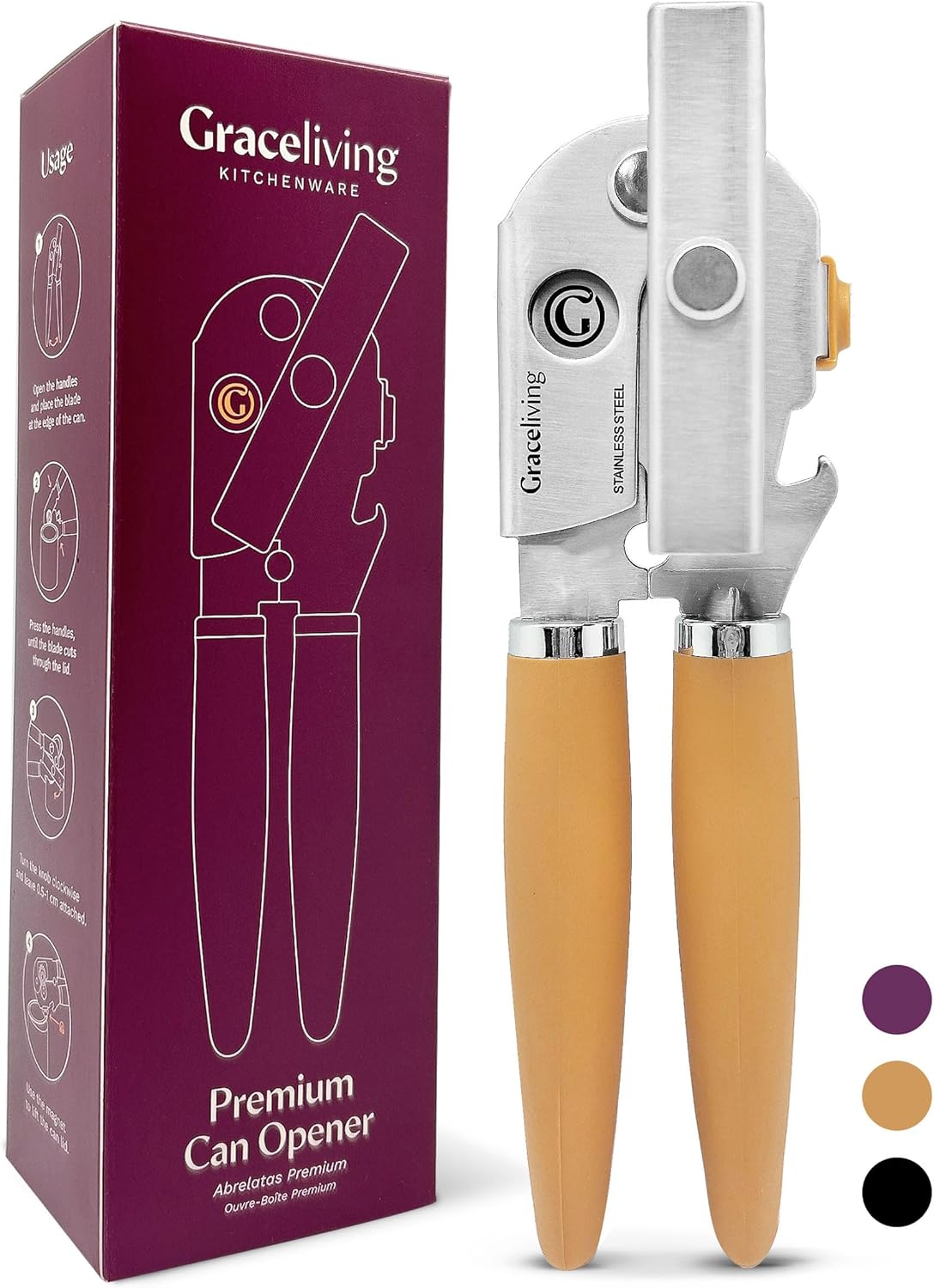 Premium Multifunctional Magnetic Manual Can Opener and Bottle Opener, Heavy Duty Stainless Steel Sharp Cutting Blade and Oversized Easy Turn Knob, Soft-Touch Handle, Kitchen Use, Orange