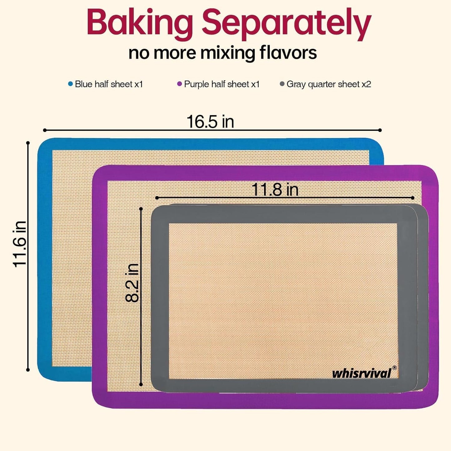4 Pack Silicone Baking Mat, Non-Stick Silicone Baking Sheet, Food Safe Silicone Mats for Baking, 480℉ Heat Resistant, 2 Half & 2 Quarter (Purple, Blue, Grey)