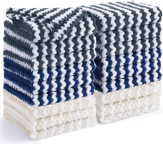 Homaxy 18 Pack Kitchen Dish Cloths, Ultra Soft and Absorbent Dish Towels, Reusable Fast Drying Microfiber Cleaning Cloth, Coral Velvet Wave Design No-lint, 10 x 10 inches, Dark Grey/Navy Blue/Beige